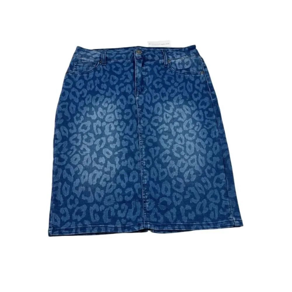 New York & Company Denim Pencil Skirt Blue Cheetah Print Y2K Retro Casual 8 NEW